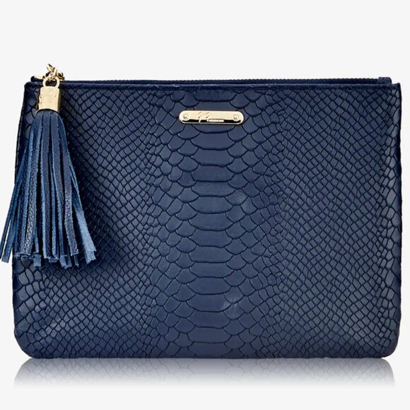 GIGI‎ New York Navy Embossed Python Leather Tassel Clutch - Picture 1 of 5